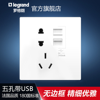 罗格朗开关 插座面板 逸景白色 二三插五孔带USB 墙壁电源 86型